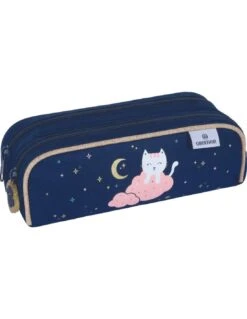 Trousse Double Compartiments Chaton Bleu/Rose